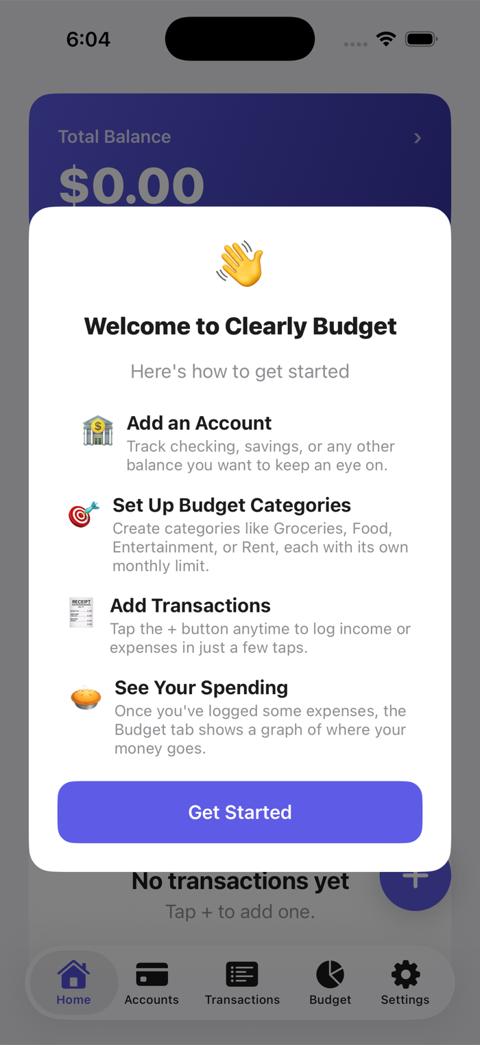 Clearly Budget welcome screen listing the four setup steps