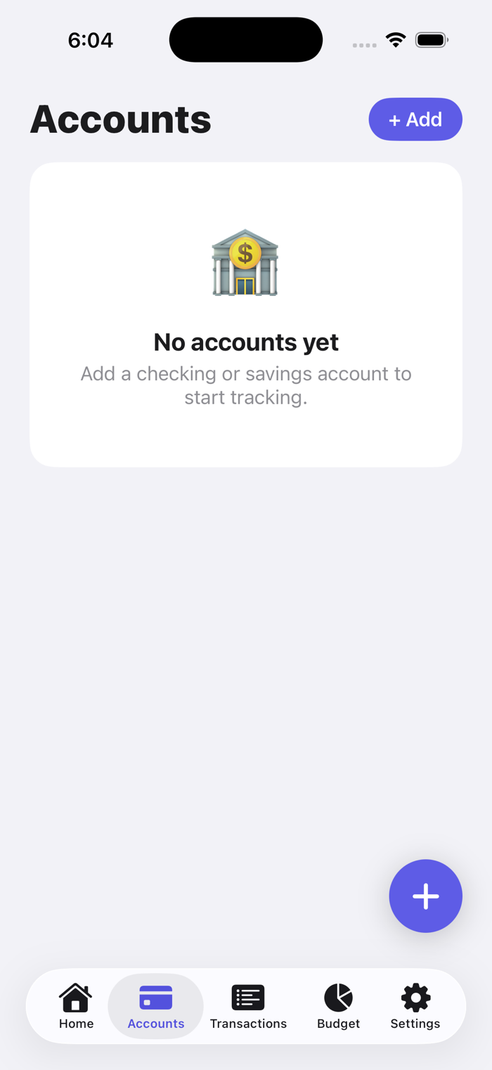 Accounts tab before any account has been added