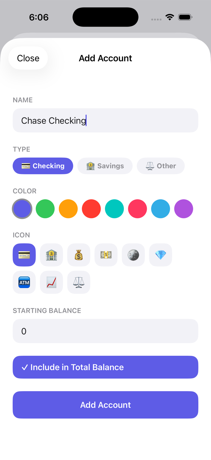 Add Account form with name, type, color, icon, and starting balance