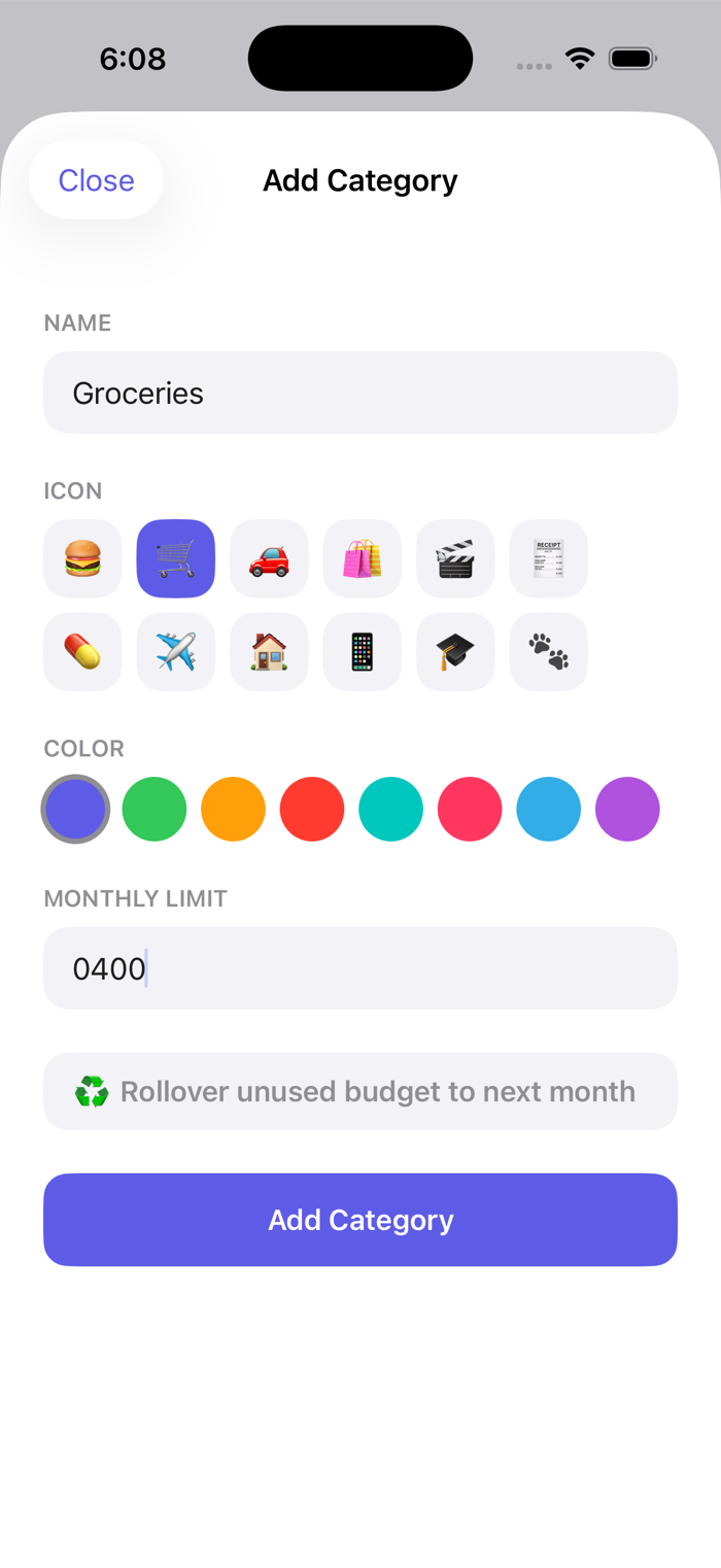 Add Category form with name, icon, color, and monthly limit